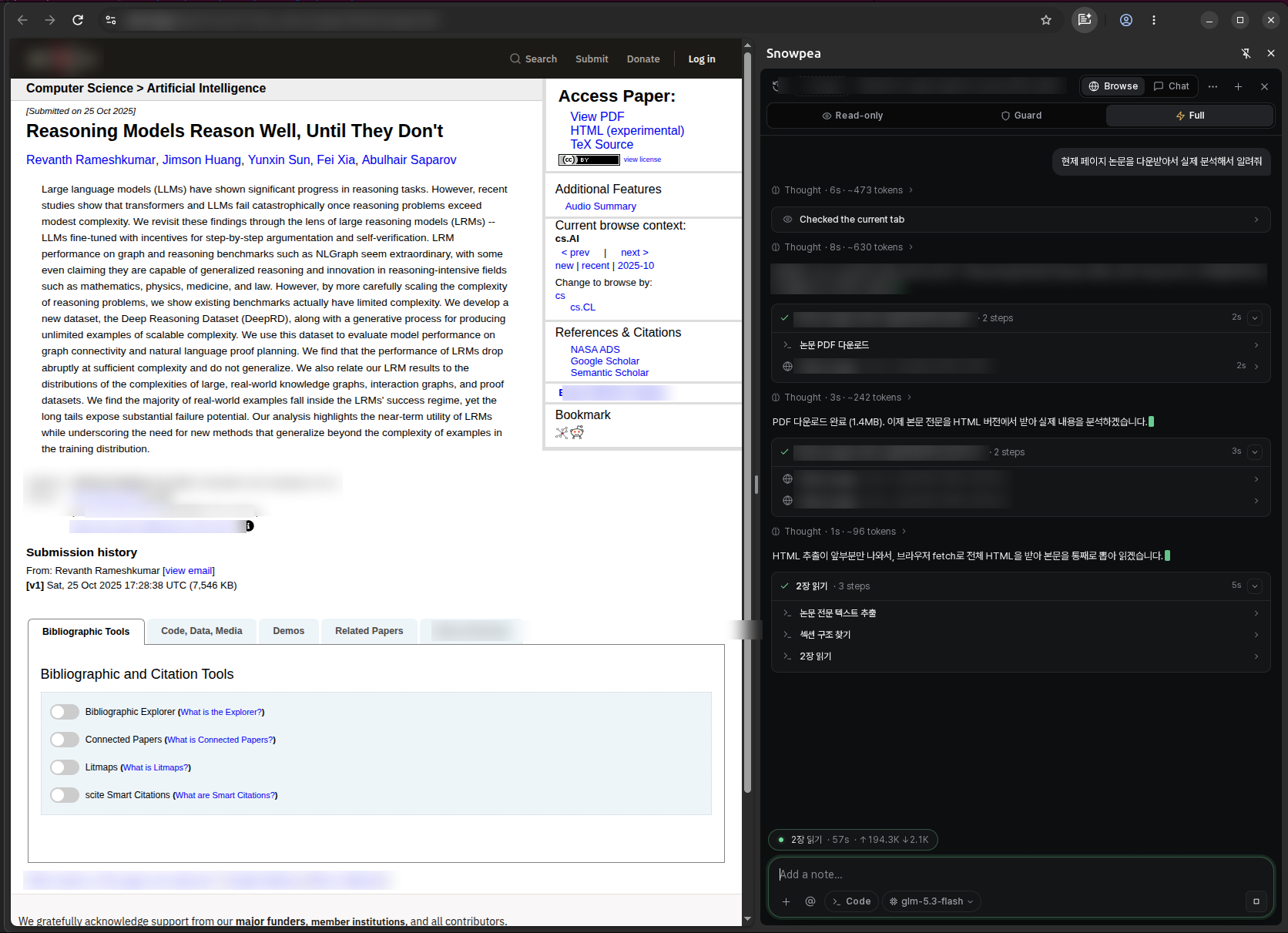 Snowpea Browser beside a paper page: the chat panel lists page reads and section analysis steps