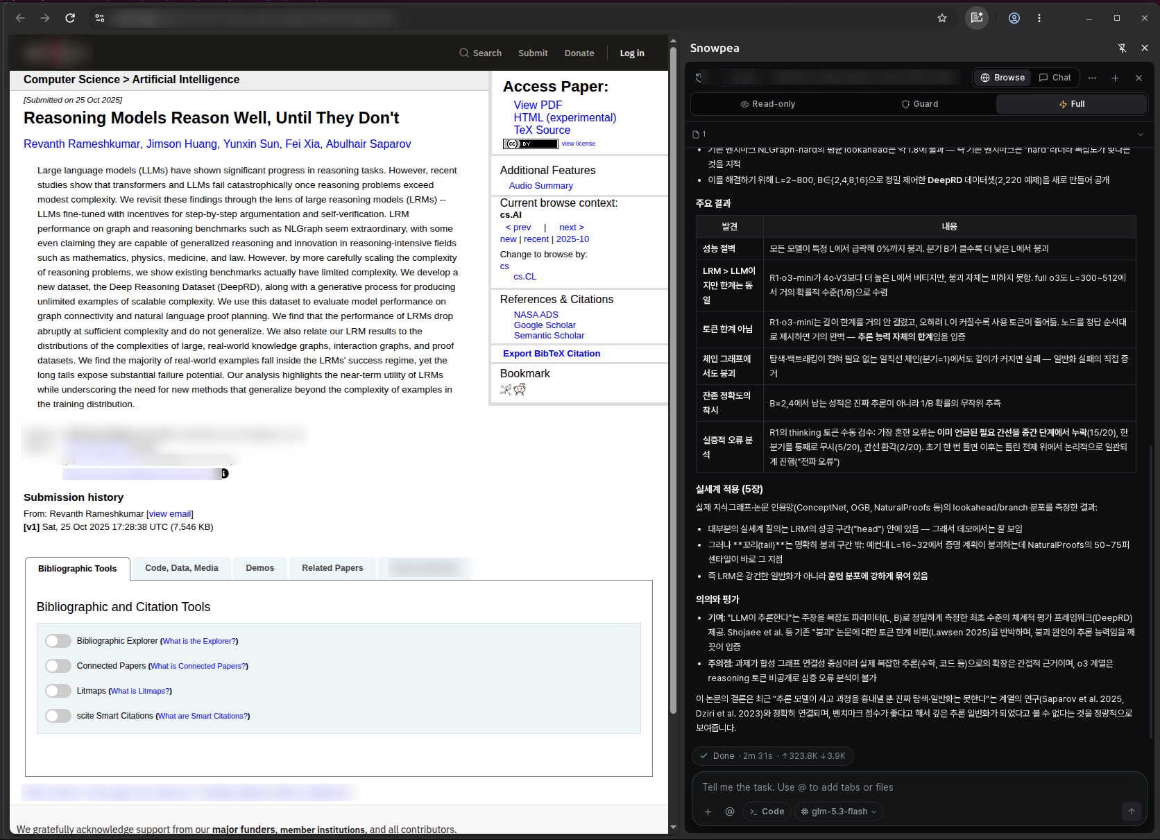 Snowpea Browser after the analysis: the chat panel shows a findings table, real-world application and a short assessment