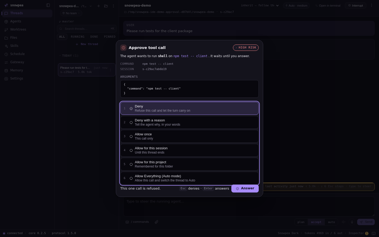 Snowpea Agent desktop app approval dialog for a tool call, showing the command and arguments with choices to deny, allow once, allow for the session or allow for the project.