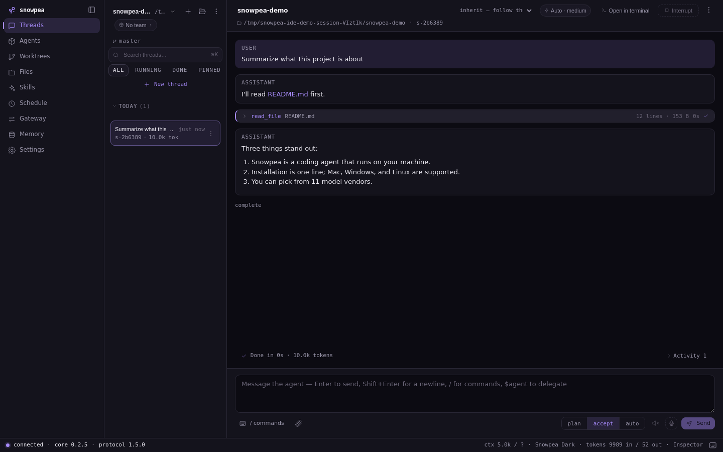 Snowpea Agent desktop app: the agent reads a project and summarizes three key points