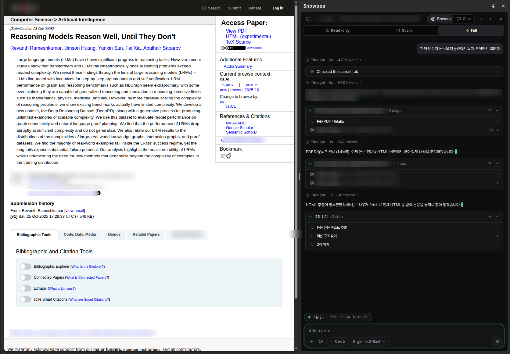 Snowpea Browser beside a paper page: in the chat panel the agent analyzes the paper step by step.