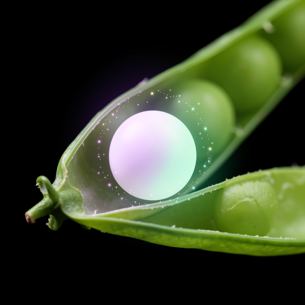 A single pea glowing violet and mint inside an open pea pod